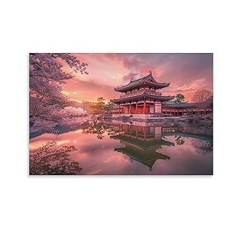 Amazon.co.jp: 絵画 日本の城と桜の湖 アートパネル ポスター